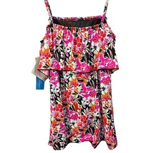 Floral Ruffle One-Piece Swimsuit Cover-Up in Pink & Black